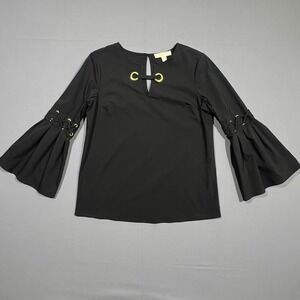 Michael Kors Blouse Grommet Bell Angel Sleeve Lace Up Black Minimalist Women's S